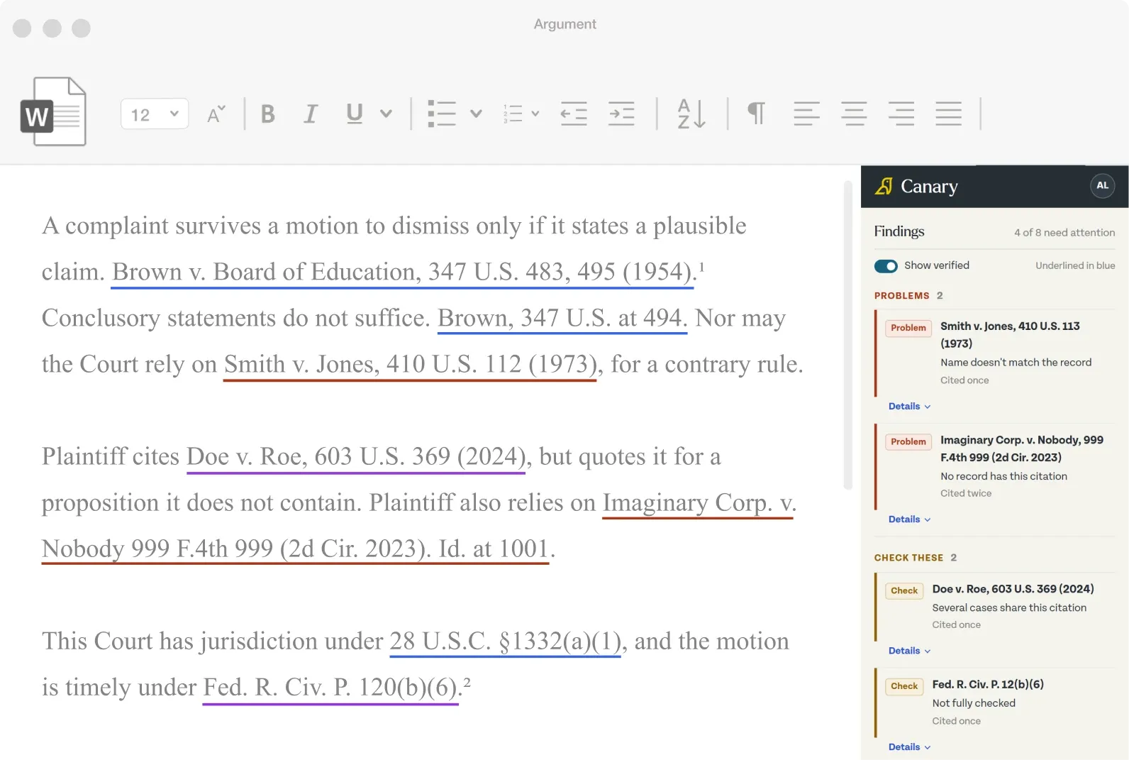 A brief in Word with its citations underlined, beside Canary's findings: two problems and two citations to check