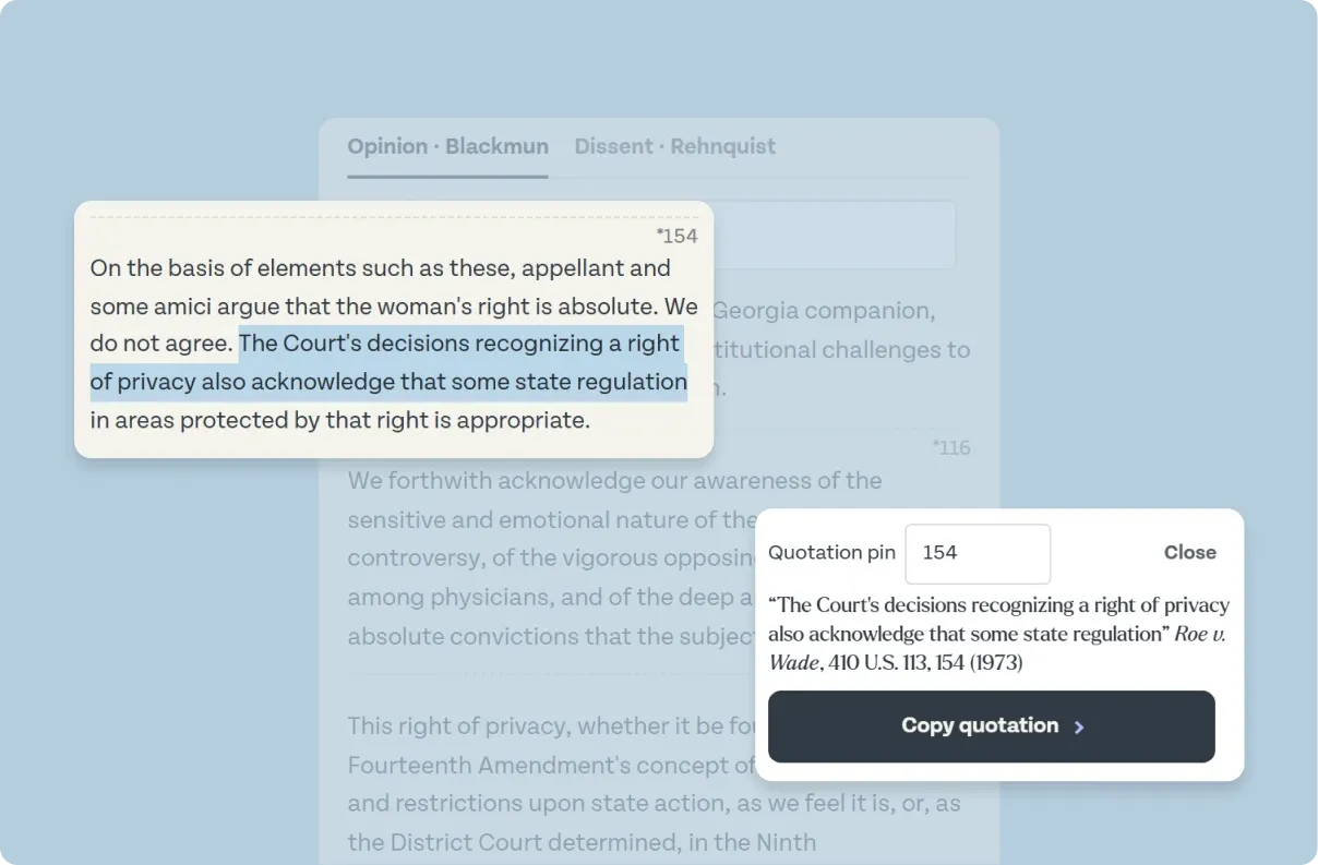 A passage selected in the opinion of Roe v. Wade, and Canary's formatted quotation with its pin cite, 154