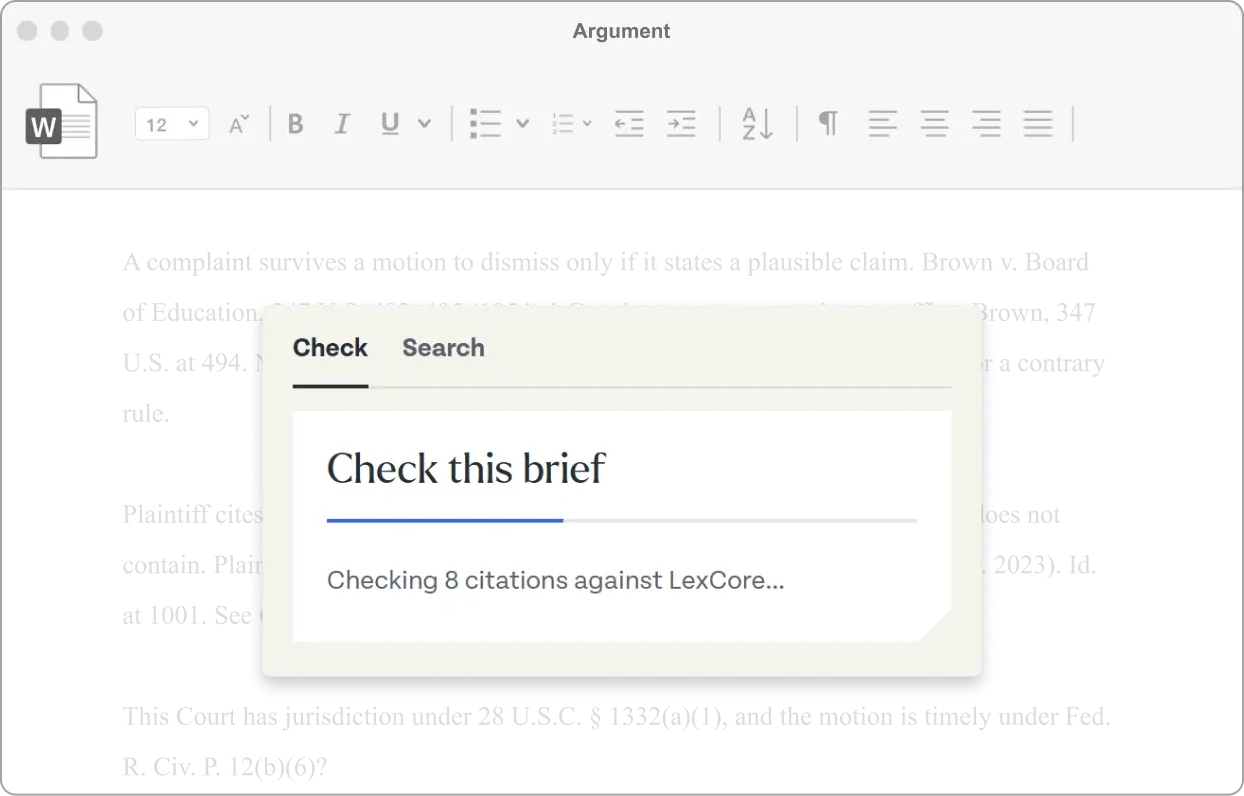 Canary's Check tab over a brief in Word, checking 8 citations
