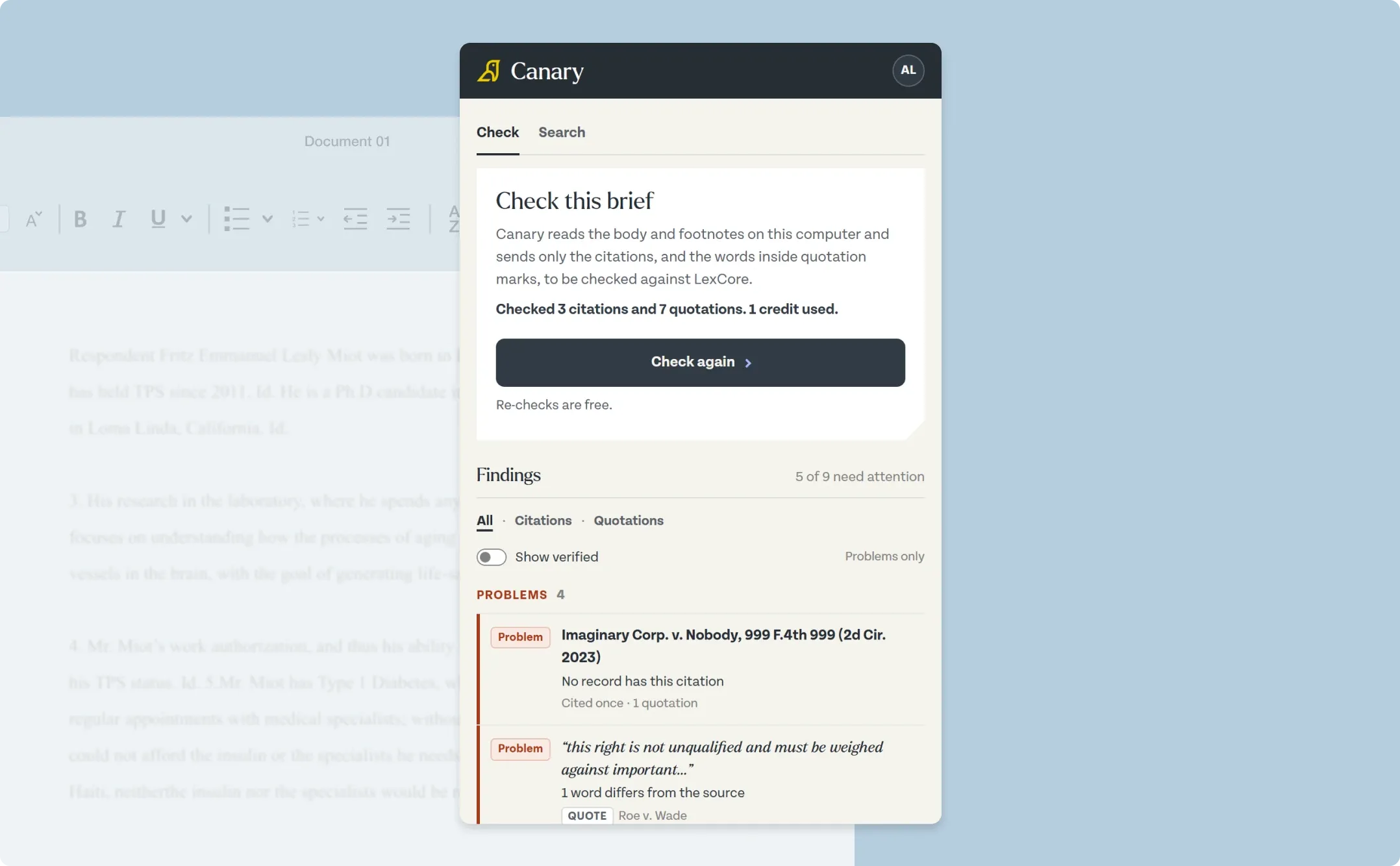 Canary's panel open beside a document in Word: 3 citations and 7 quotations checked, and 5 of 9 findings needing attention