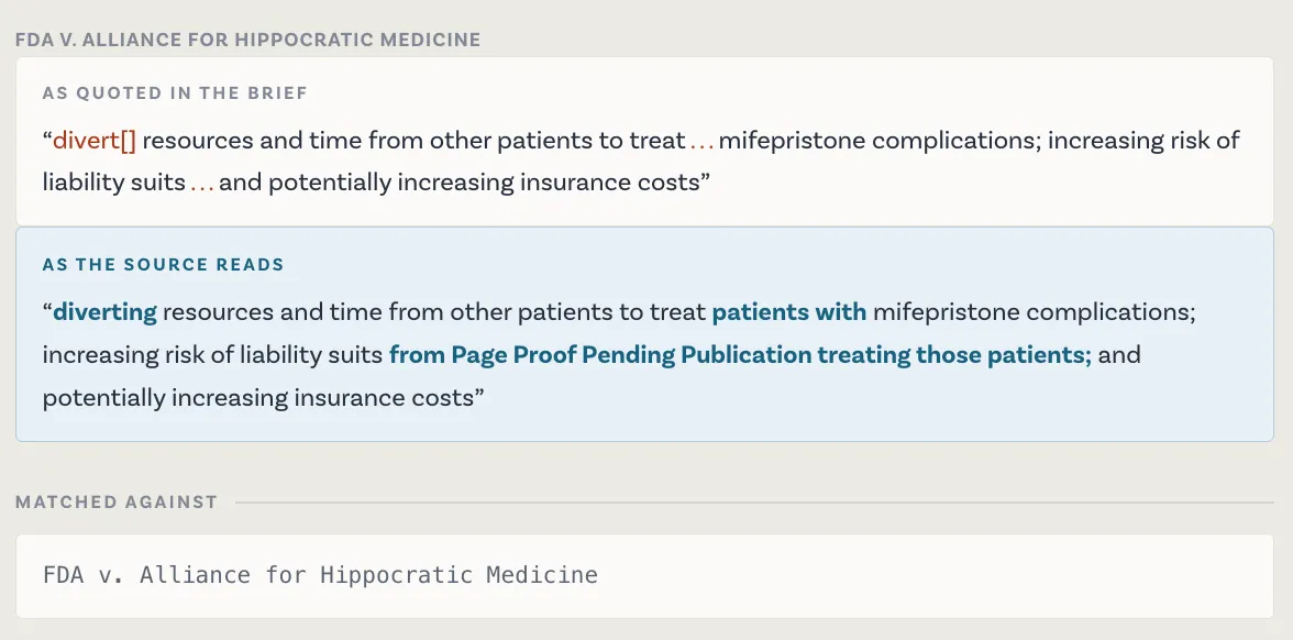 Docket comparing a quotation as it appears in a brief with the source opinion, differences highlighted