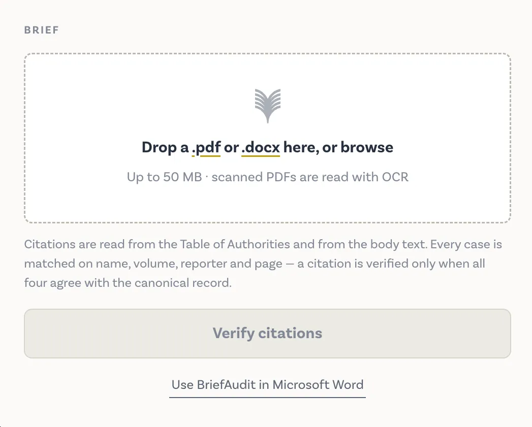Docket's upload panel: drop a .pdf or .docx brief, then verify its citations