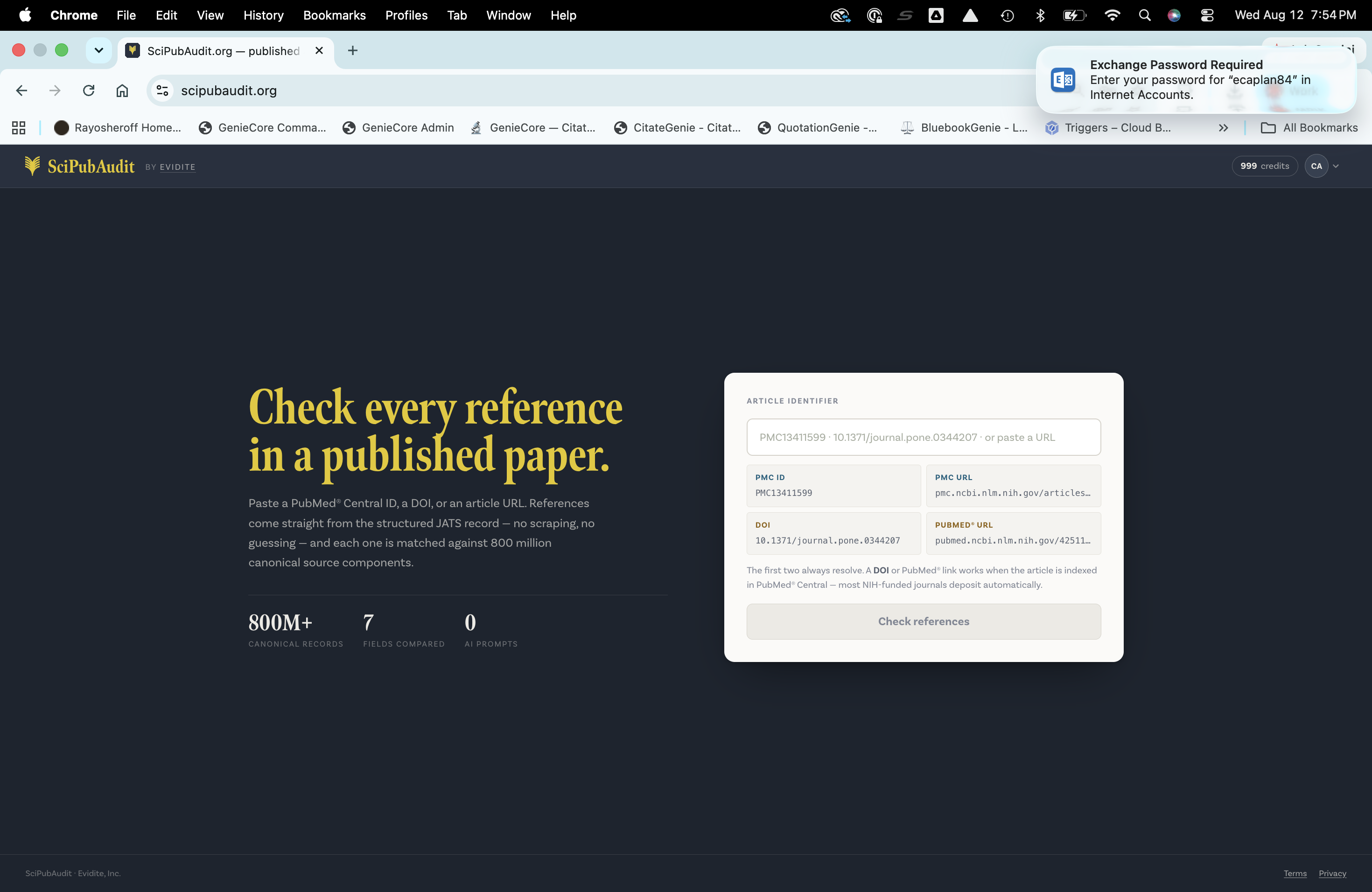 SciPubAudit audit results interface showing reference verdicts with field-level comparison